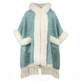 Blue Hooded Poncho with White Faux Fur