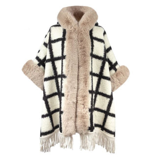 Checkered Hooded Poncho in Beige and Black